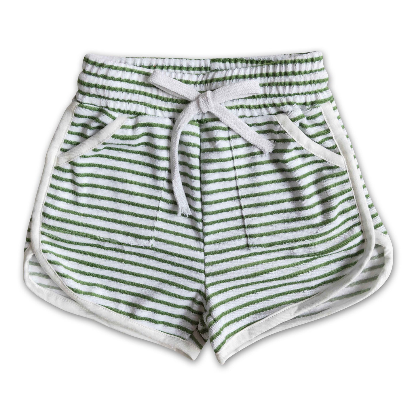 High quanlity cotton green towel fabric stripe drawstring girls summer shorts