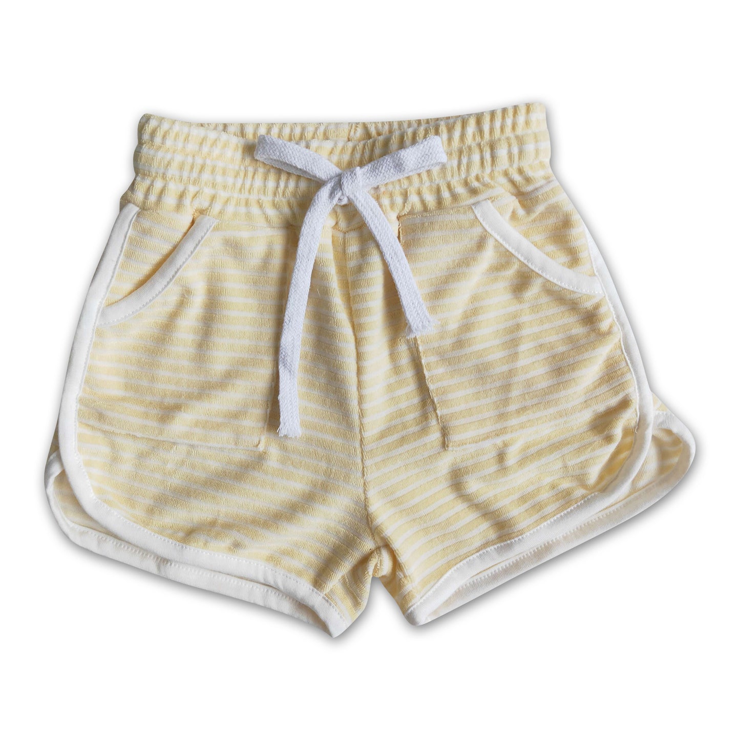 High quanlity cotton yellow towel fabric stripe drawstring girls summer shorts