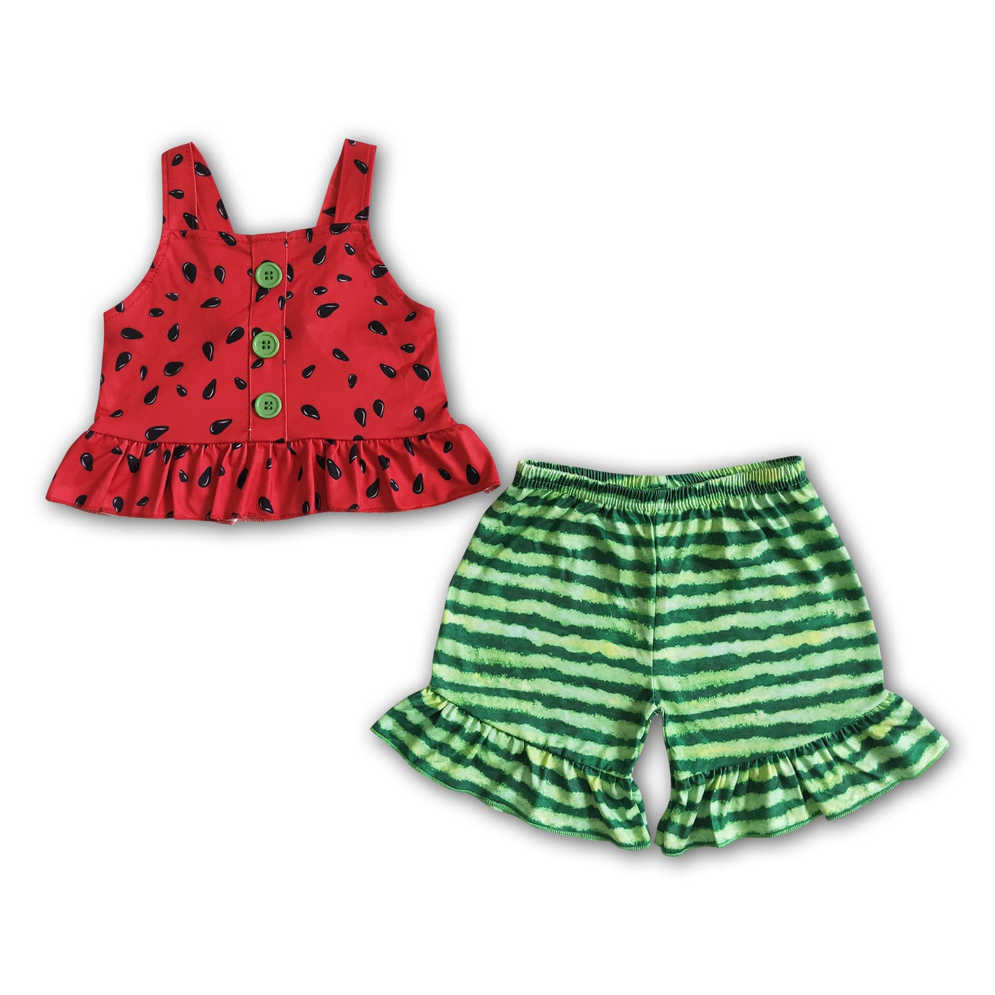 Watermelon print green ruffle shorts baby girls summer outfits