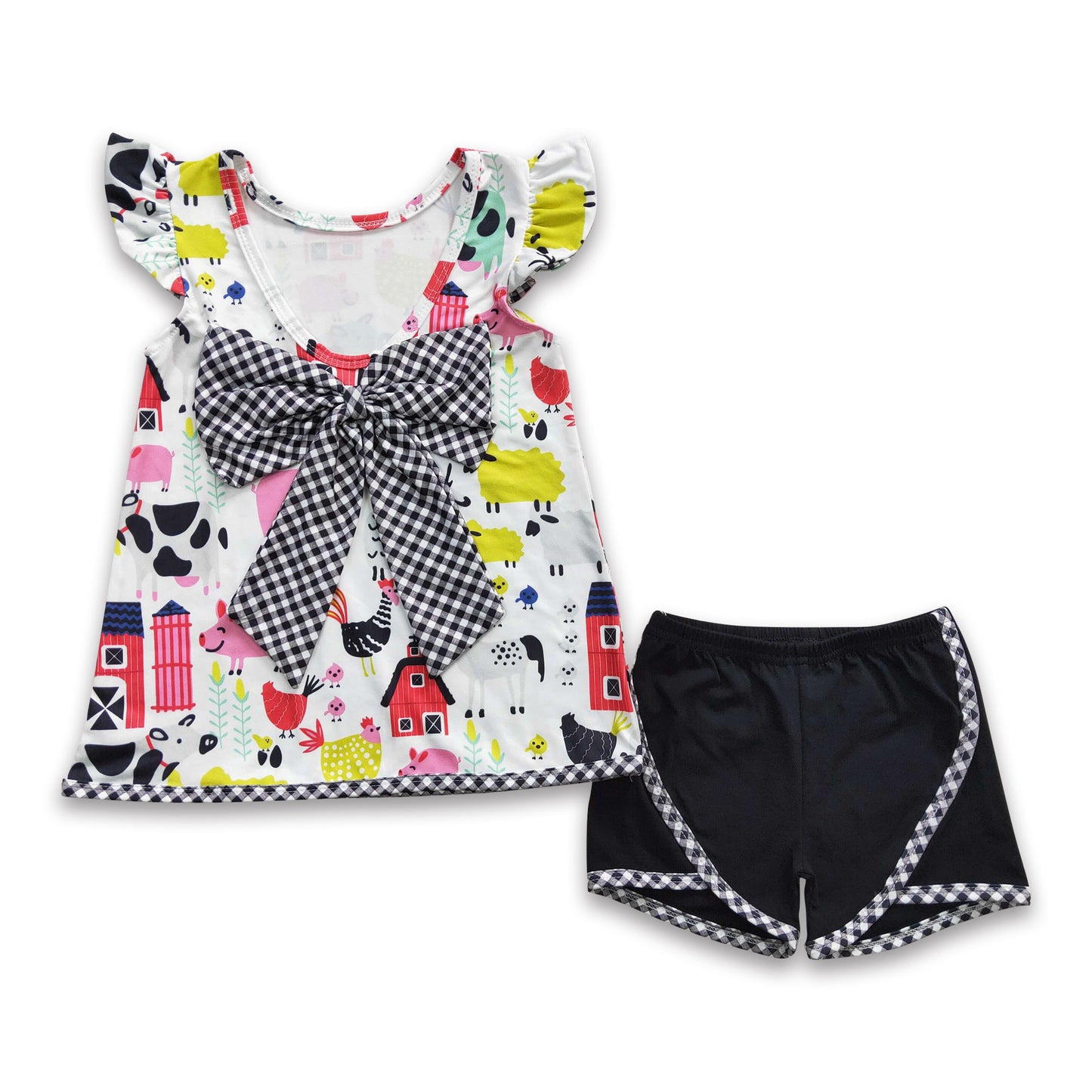 Backless bow farm print little girls outfits