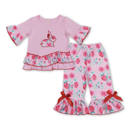 Floral bunny embroidery top capris girls easter clothes