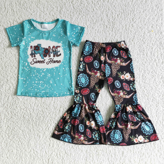 Sweet home shirt turquoise bell bottom pants girls cow print clothing