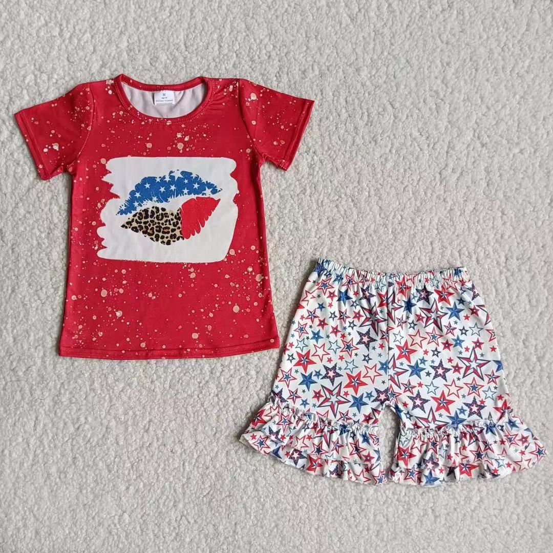Lip screen print shirt star shorts baby girls 4th of july clothing set