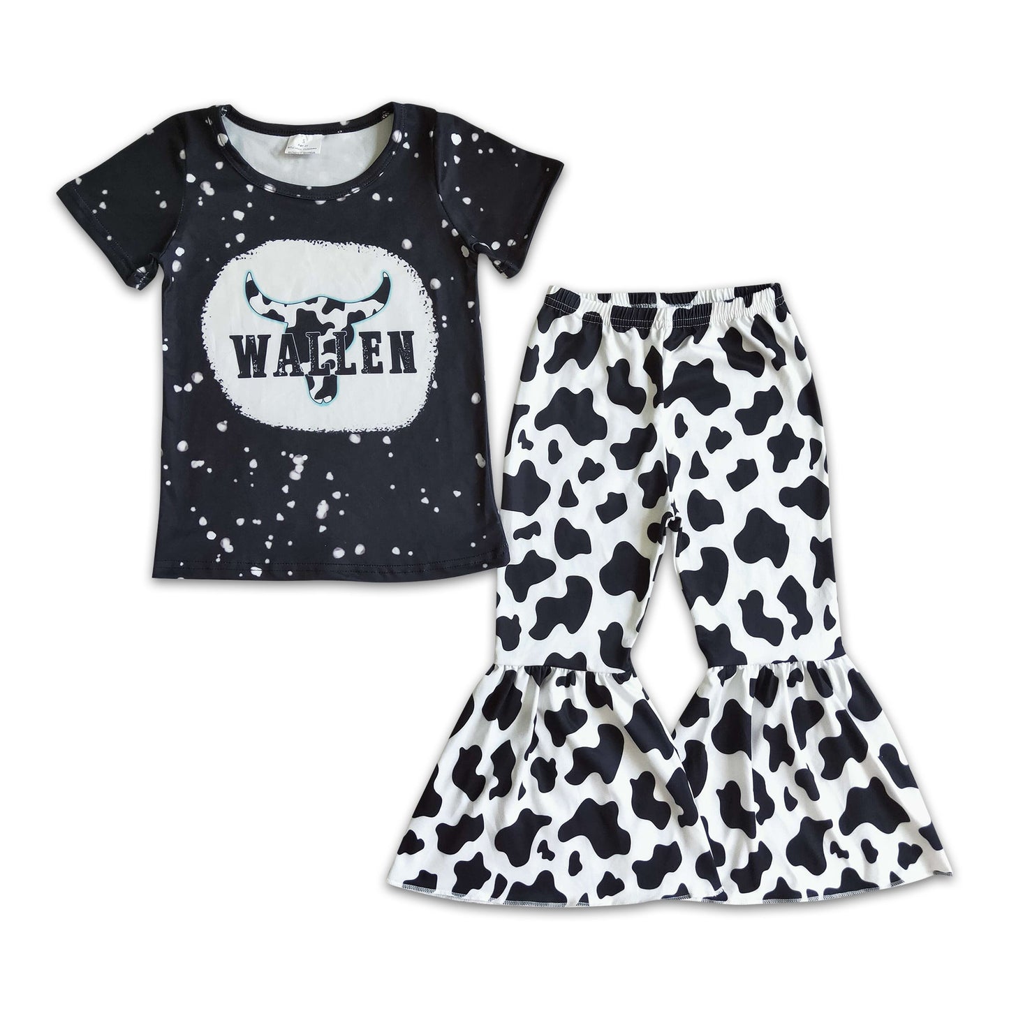 Cow print black bleached shirt girls boutique clothing set