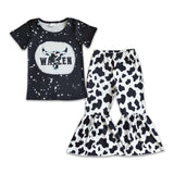 Cow print black bleached shirt girls boutique clothing set