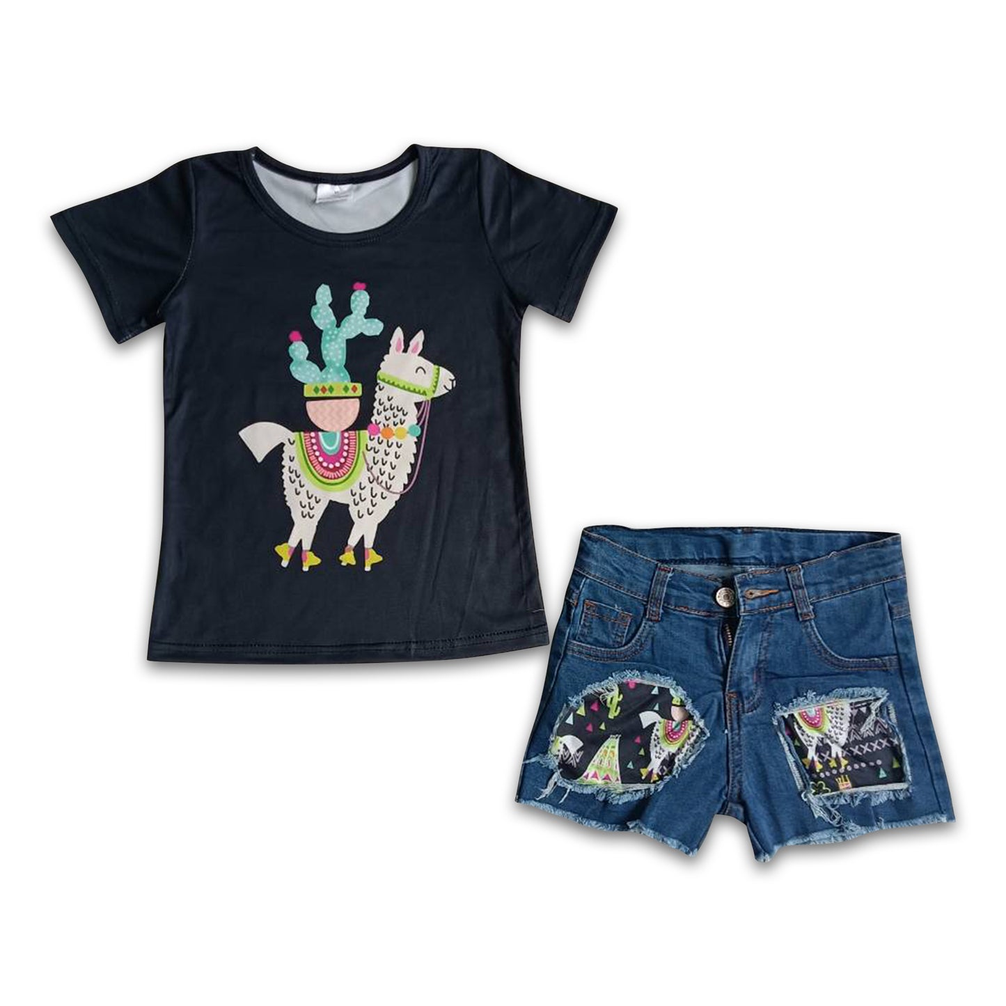 Llama print shirt match denim shorts girls clothing
