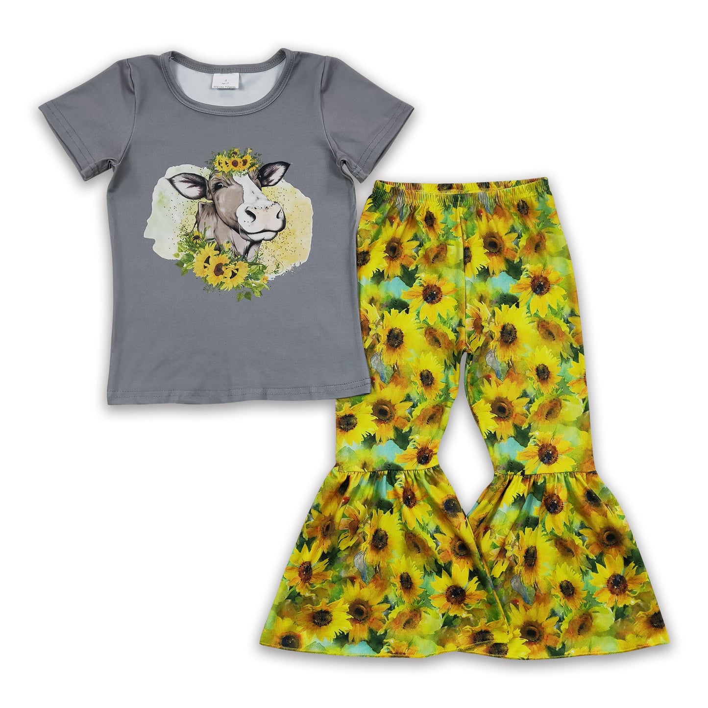 Girl Cow Head Sunflowers Bell Bottom Outfit