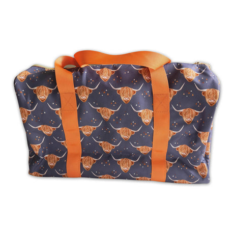 Navy highland cow print travel bags