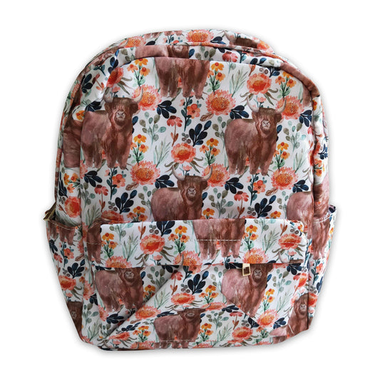Highland cow floral kids girls back to school bags
