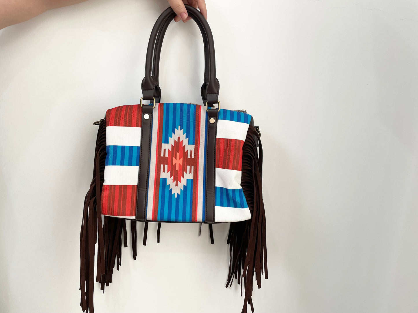 Blue red stripe aztec tassels tote bag