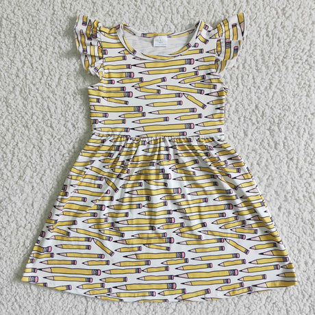 Yellow pencil print flutter sleeve baby girls back to school dresses