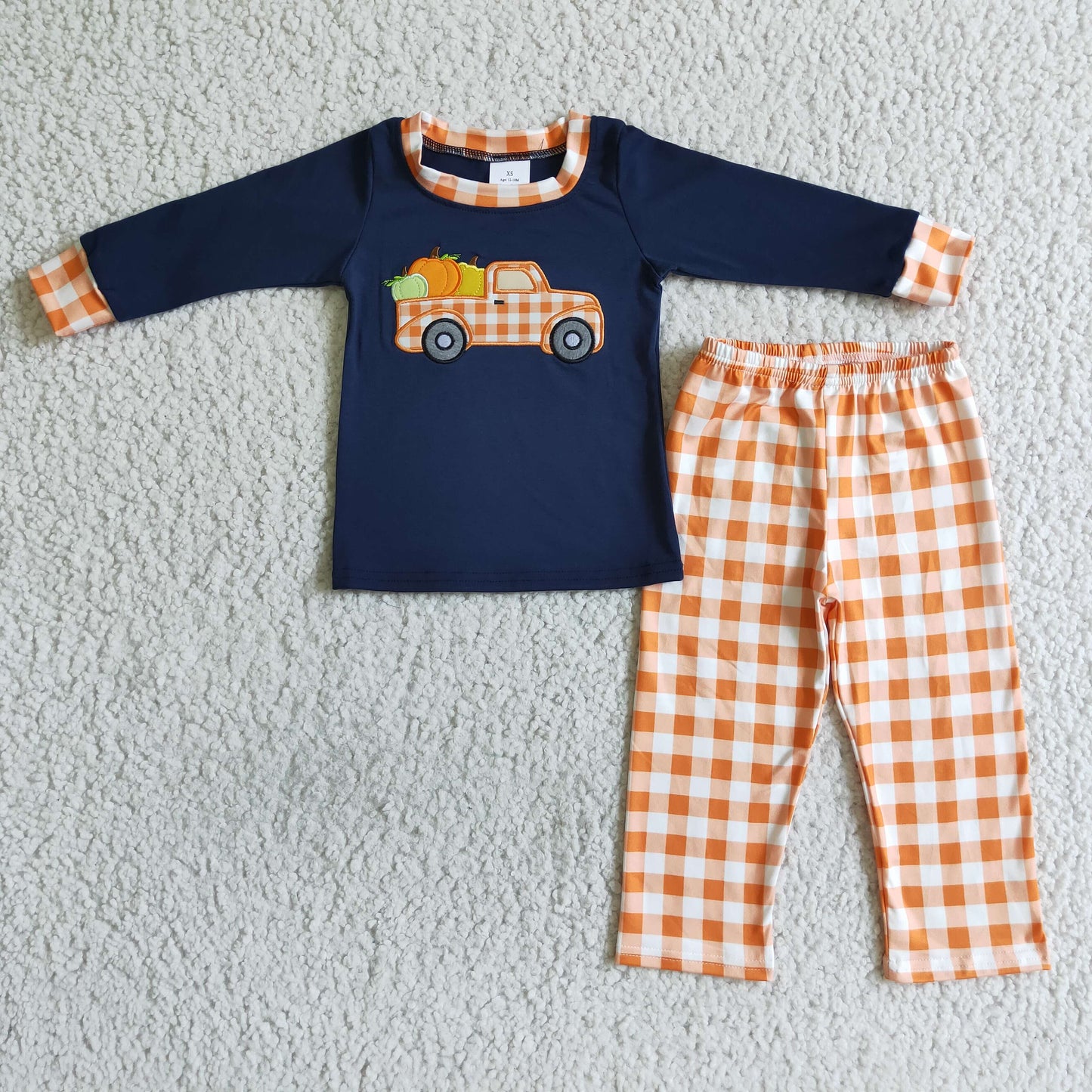 Pumpkin truck embroidery shirt plaid pants boy fall clothes