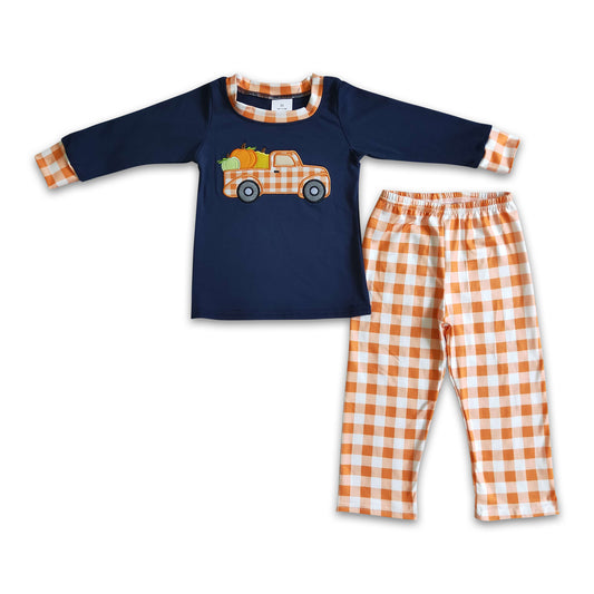 Pumpkin truck embroidery shirt plaid pants boy fall clothes