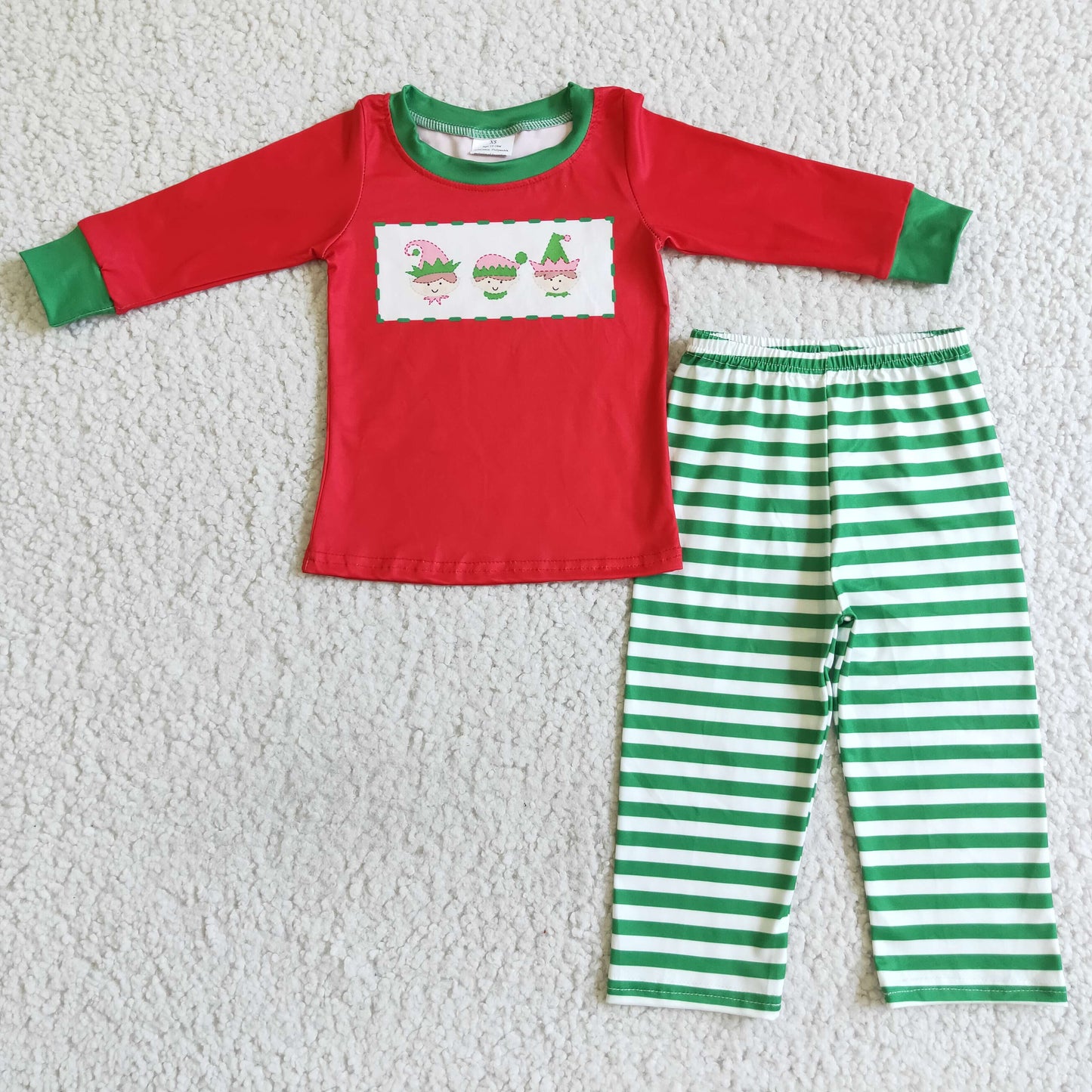 Red screen print shirt stripe pants boy Christmas pajamas