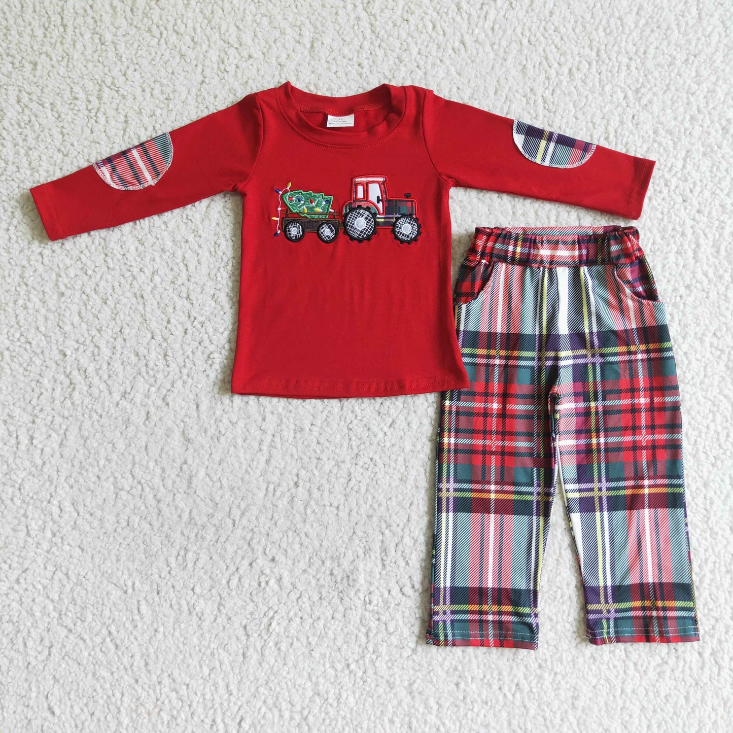 Christmas tree tractor embroidery boy clothing set