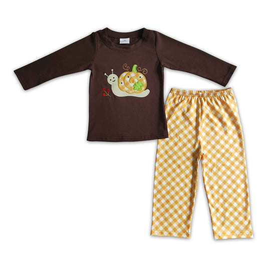 Snails pumpkin embroidery shirt plaid pants kids fall clothing