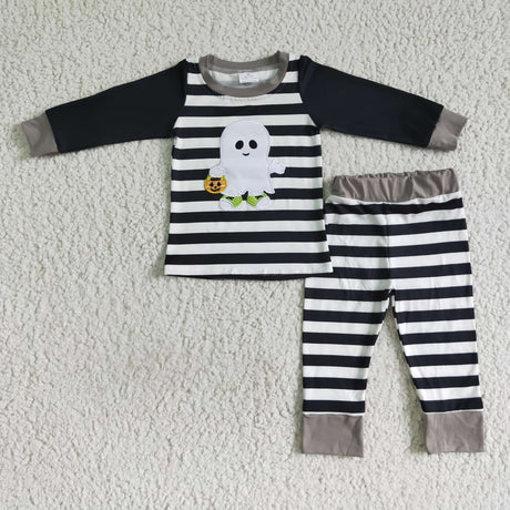 Ghost pumpkin basket embroidery stripe boy Halloween pajamas