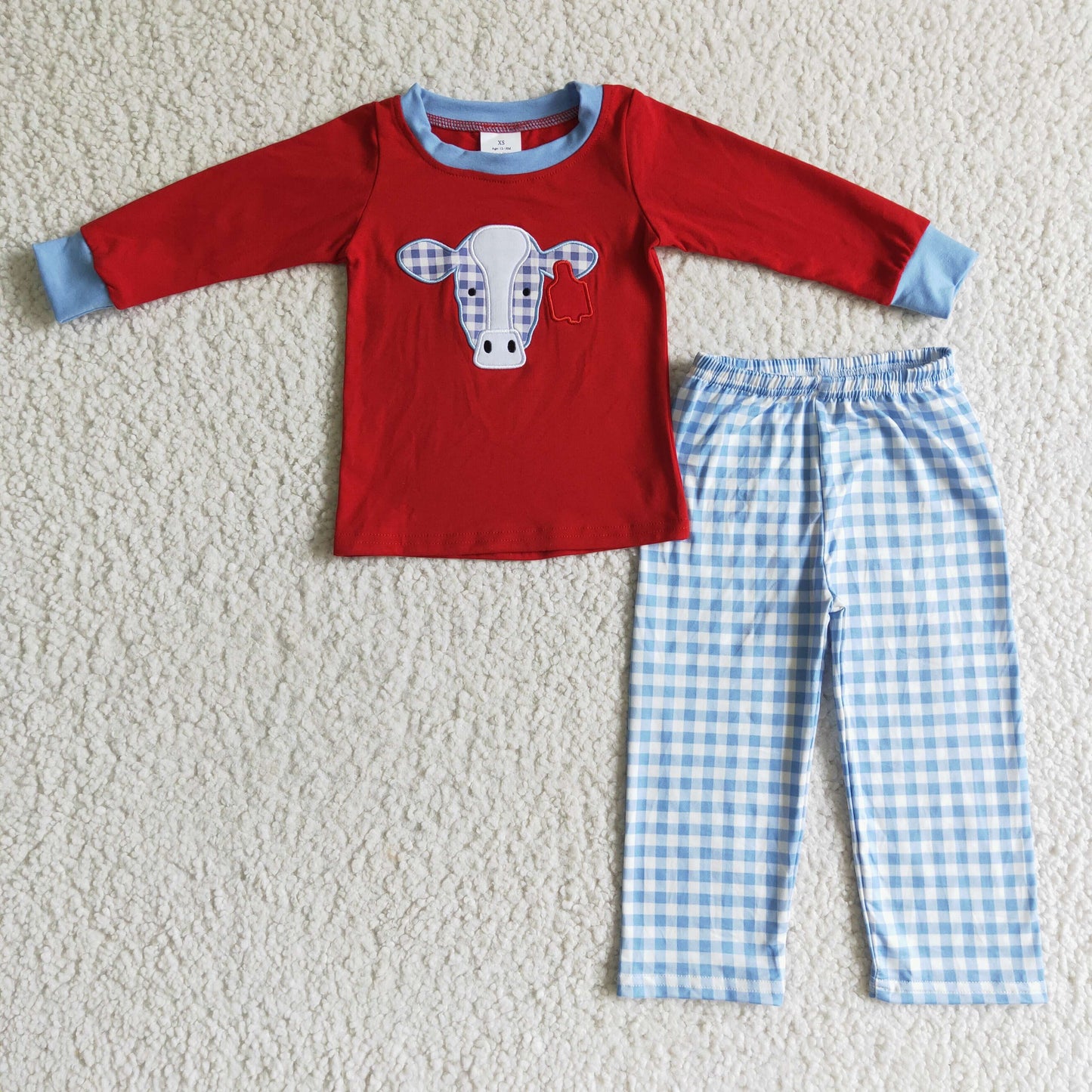 Plaid cow embroidery shirt pants boy clothing set