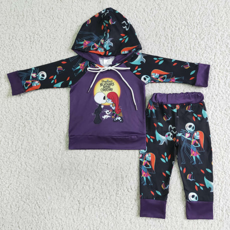 Skull moon print boy Halloween hoodie set