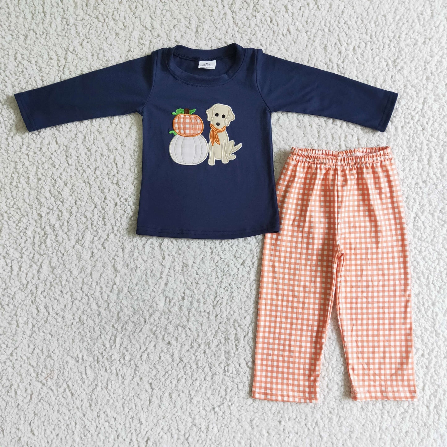 Pumpkin dog embroidery shirt plaid pants boy fall set