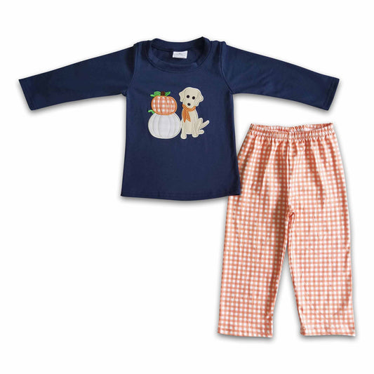 Pumpkin dog embroidery shirt plaid pants boy fall set