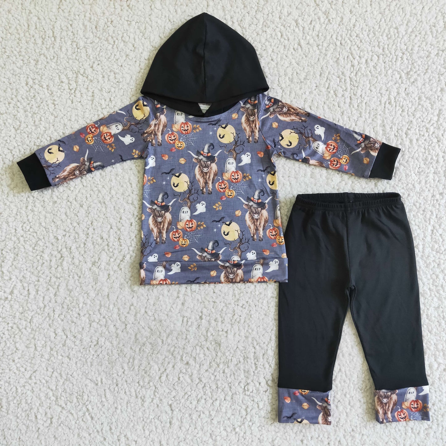 Highland cow pumpkin ghost kids boy Halloween hoodie set