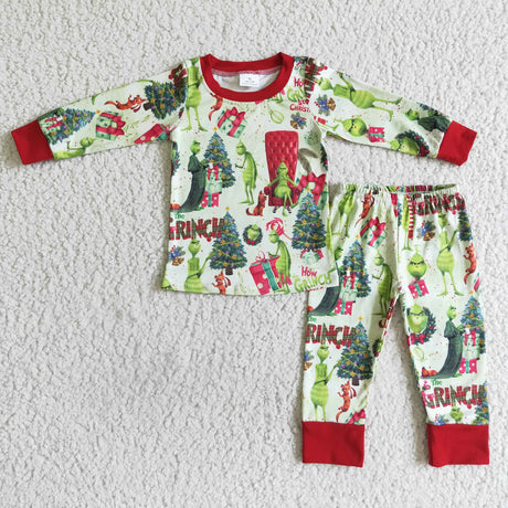 Green face long sleeve baby boy Christmas pajamas