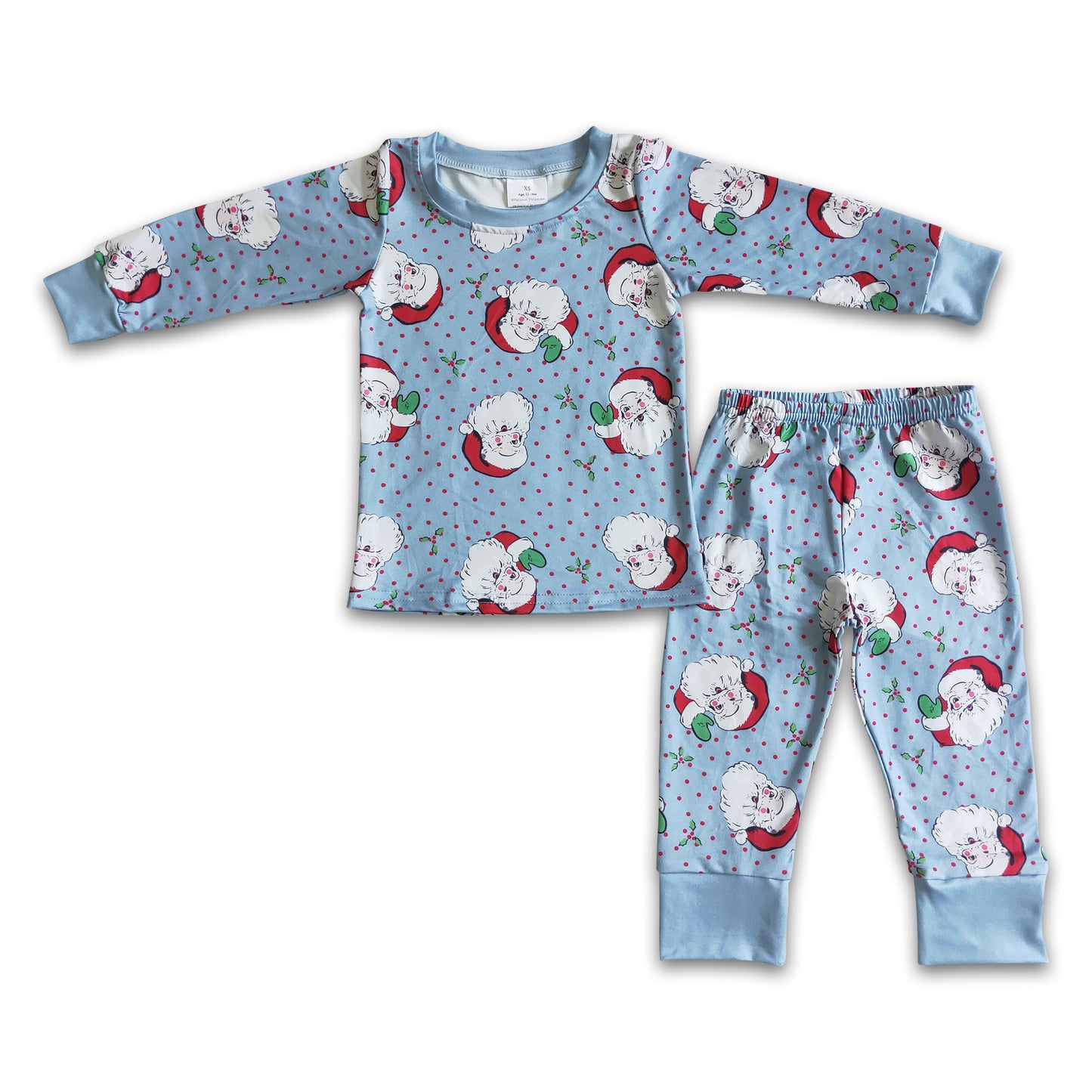 Blue santa polka dots long sleeve baby kids Christmas pajamas