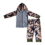 Grey zip hoodie dinosaur camo pants boy fall outfits