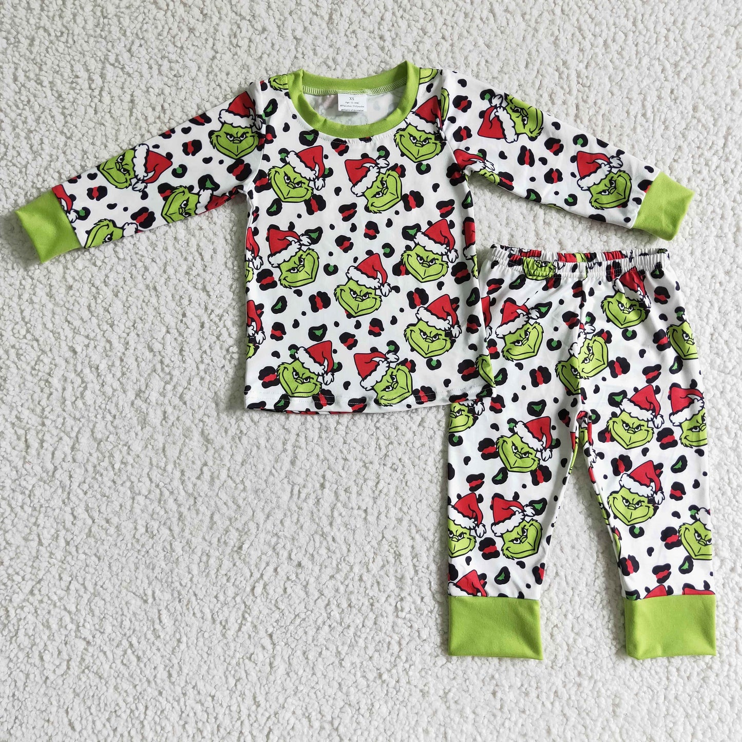 Green face leopard kids Christmas pajamas