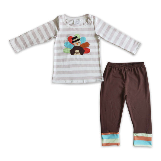 Turkey embroidery stripe shirt brown pants boy Thanksgiving clothes