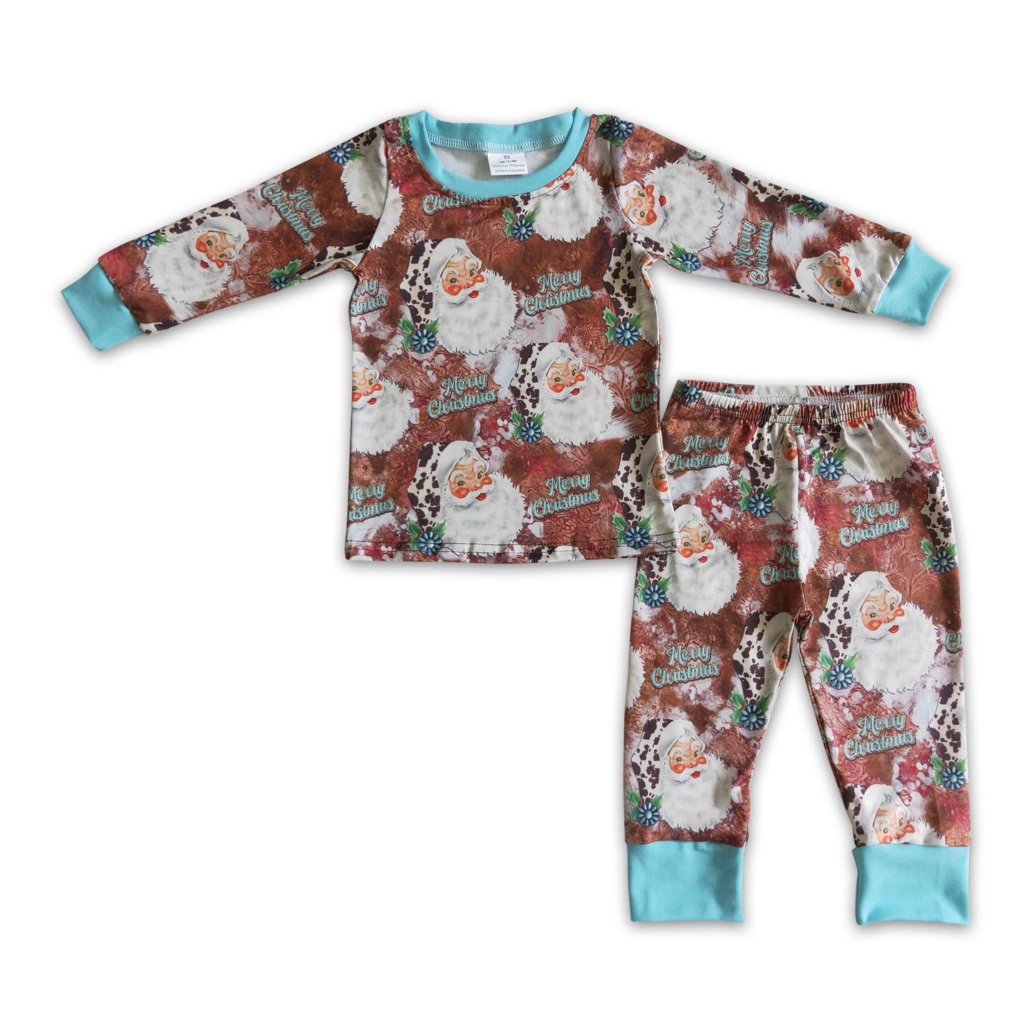 Santa turquoise kids western Christmas pajamas