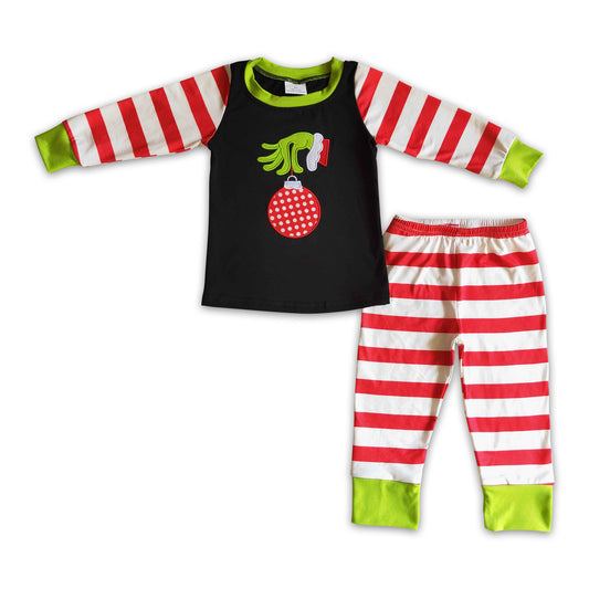 Jingle bell emboridery stripe green face kids Christmas pjs