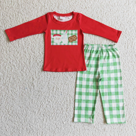 Santa milk cookie shirt plaid pants boy Christmas clothes