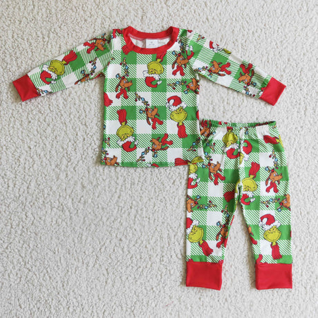 Green face plaid kids boy Christmas pajamas