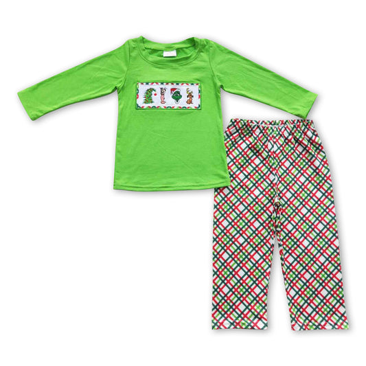 Green face top plaid pants kids boy Christmas clothing
