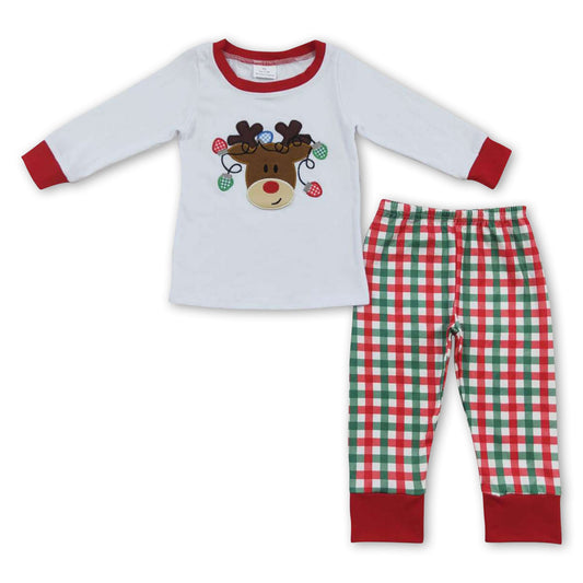 Reindeer embroidery top plaid pants baby kids Christmas pajamas