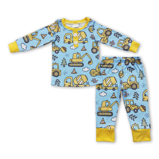 Blue yellow constructions kids boy long sleeves pajamas