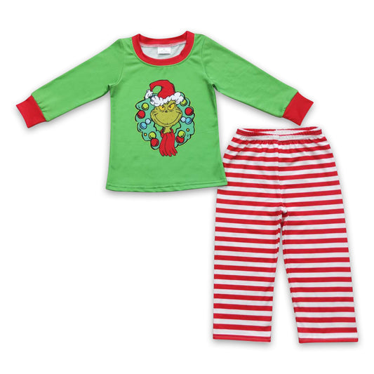 Green face top stripe pants kids boy Christmas outfits