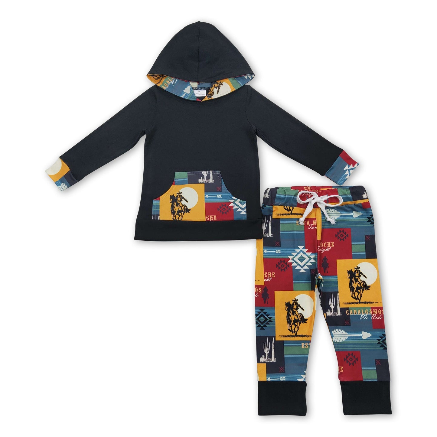 Black hoodie rodeo aztec patchwork pants kids outfits