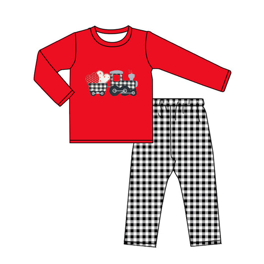 Red plaid truck heart embroidery kids boy valentine's outfits