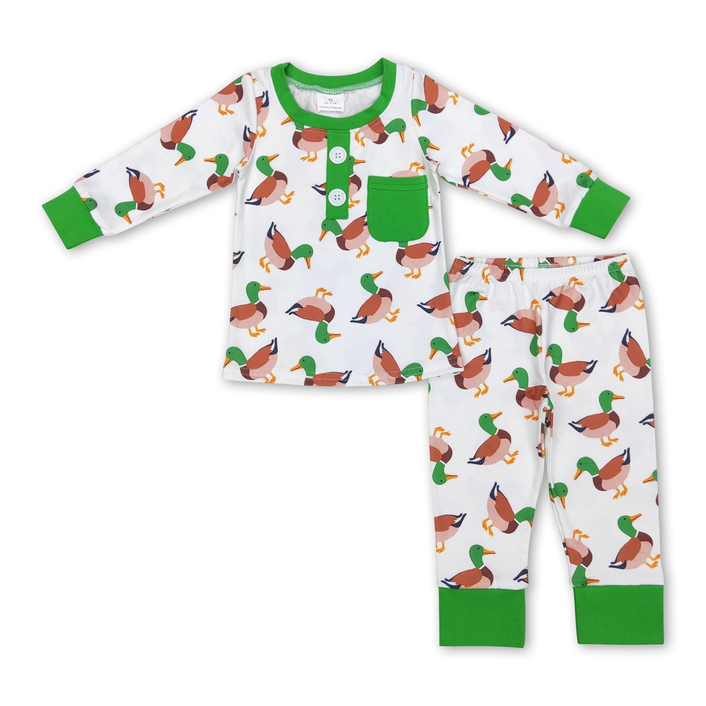 Green long sleeves pocket duck baby boy pajamas