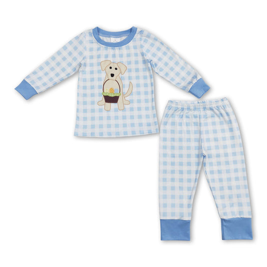 Blue plaid dog eggs basket kids boy easter pajamas
