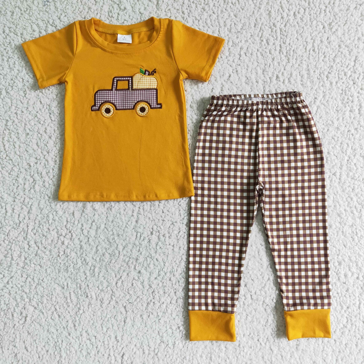 Plaid pumpkin truck embroidery boy fall clothing