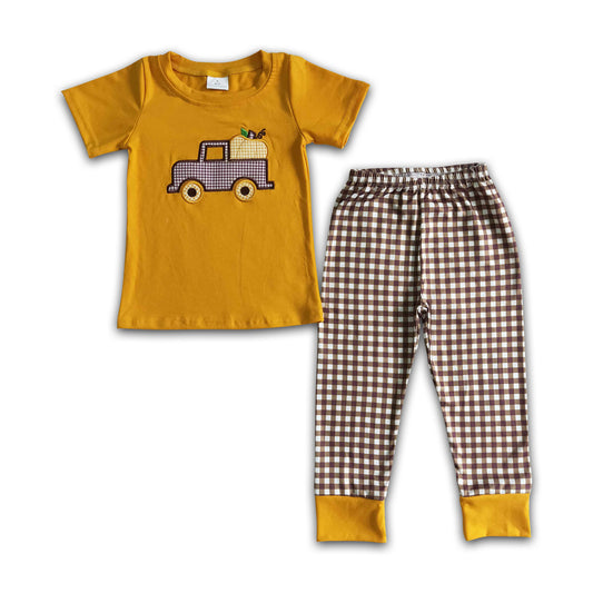 Plaid pumpkin truck embroidery boy fall clothing