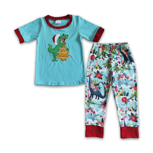 Dinosaur embroidery cotton shirt pants kids boy Christmas pajamas