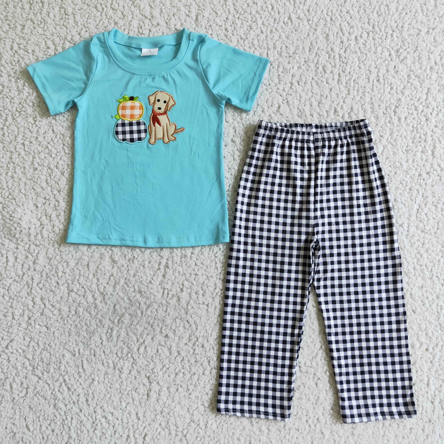 Dog pumpkin embroidery plaid pants baby boy fall clothes