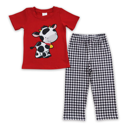 Cow embroidery cotton shirt plaid pants boy outfits