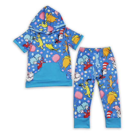 Blue fish elephant cat outfits kids boy hoodie set