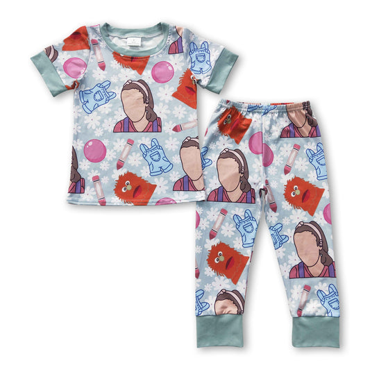 Short sleeves pencil blue overalls print baby kids pajamas